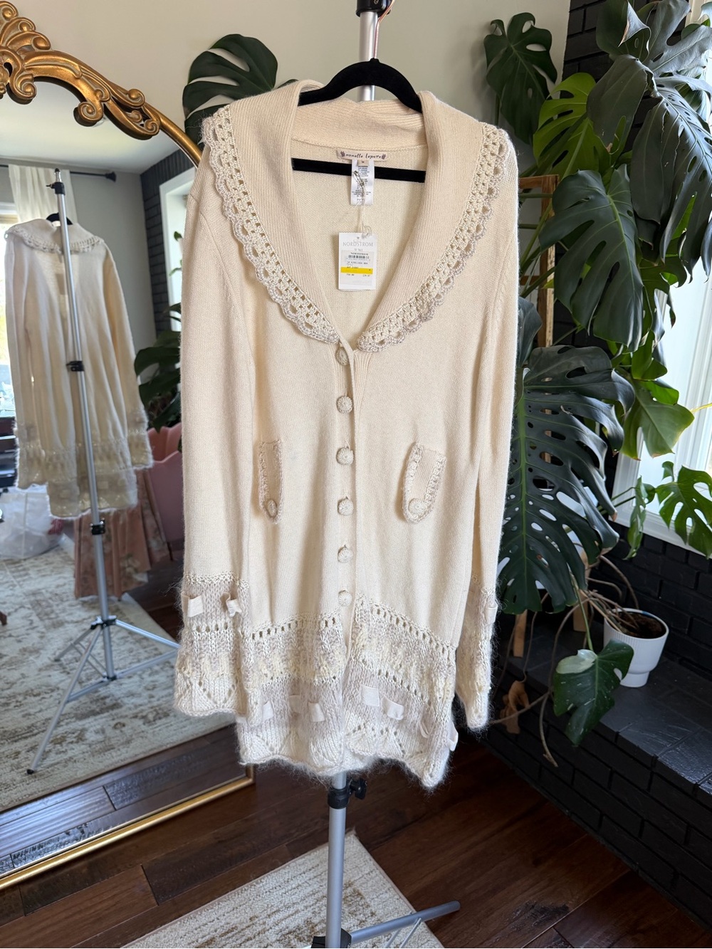 Nanette Lepore Cream Crochet-Trim Long Cardigan Medium NWT - Picture 2 of 7